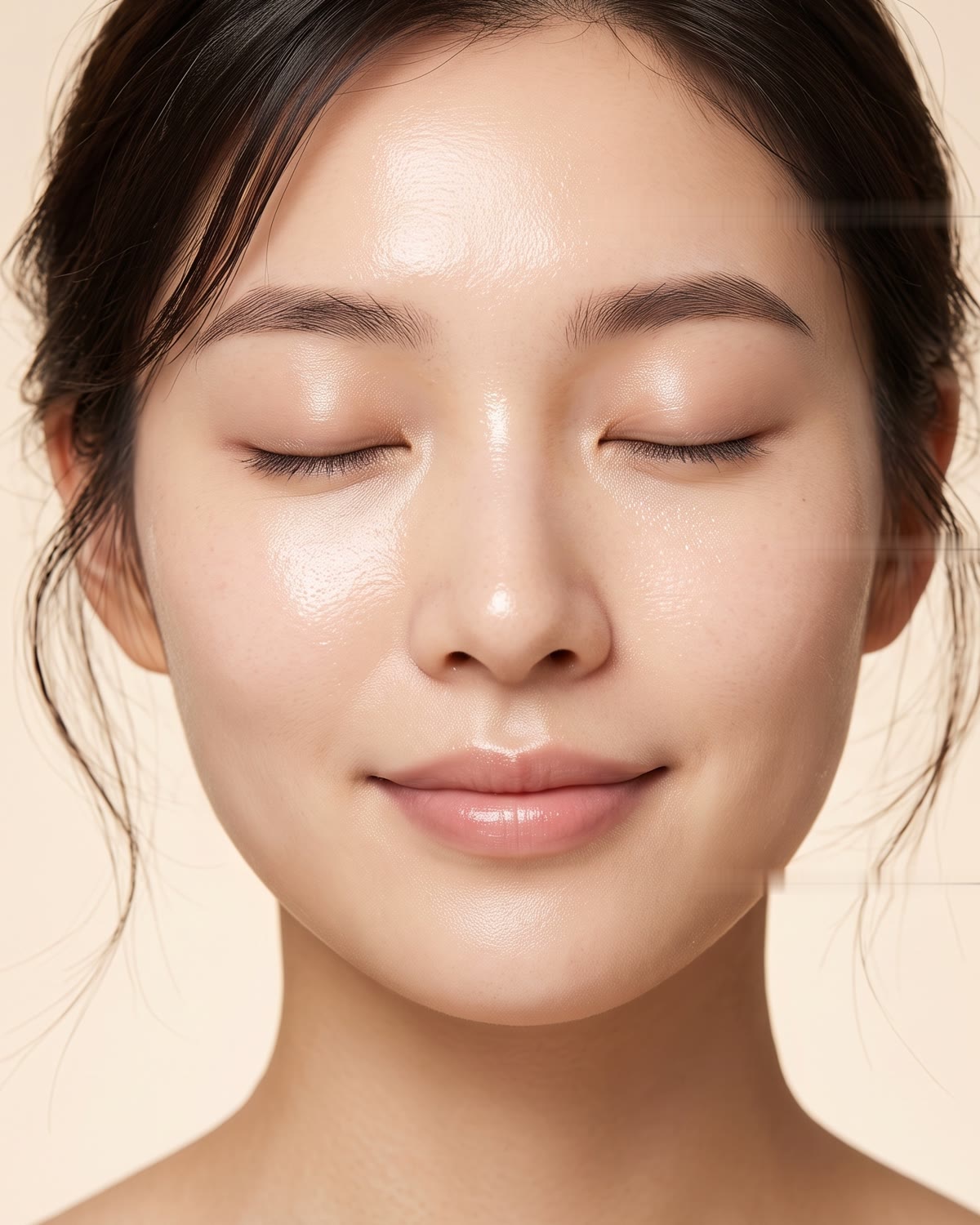 Woman with dewy, hydrated glass skin